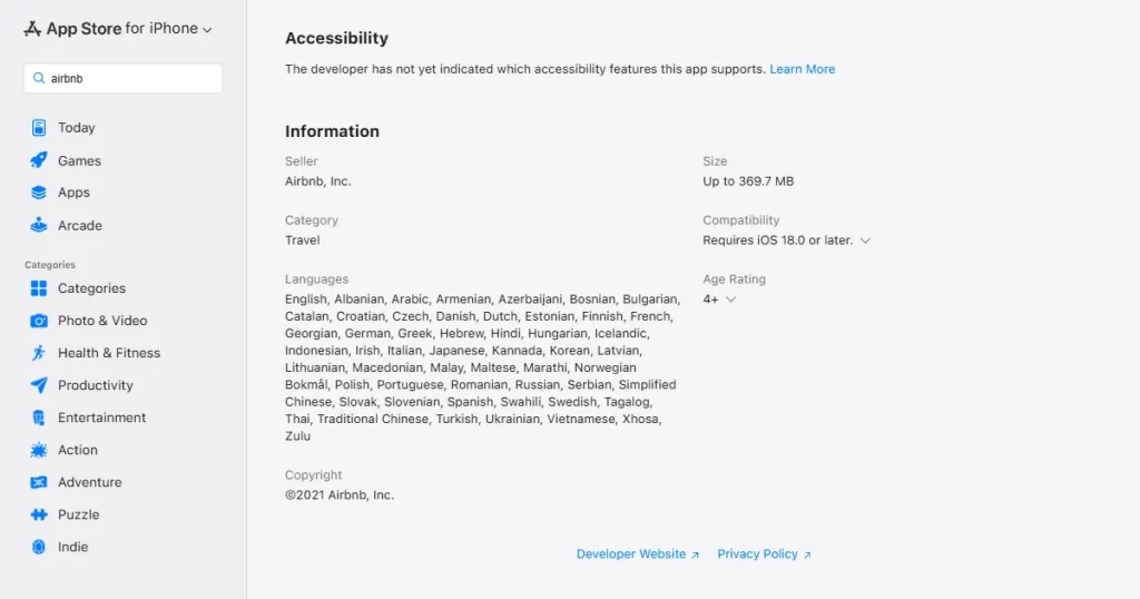 Airbnb app store supported languages