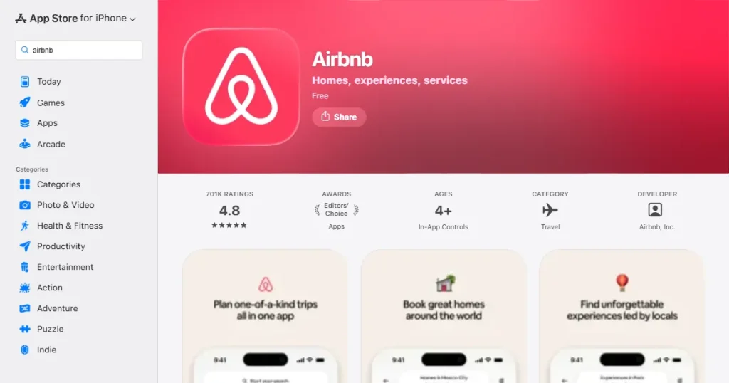 Default english App Store page for Airbnb