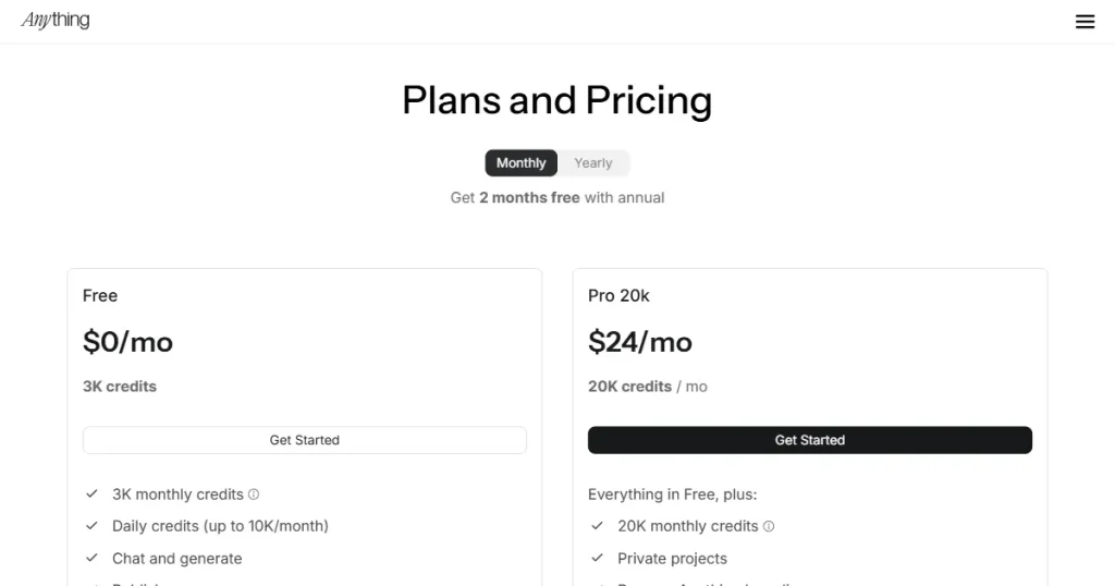 Anything pricing page