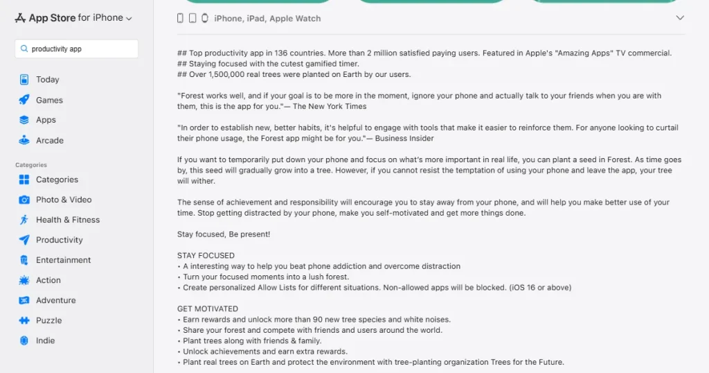 Forest app description filled with secondary keywords