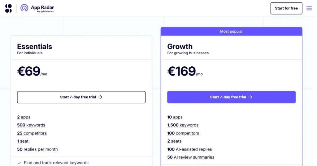 App Radar pricing page