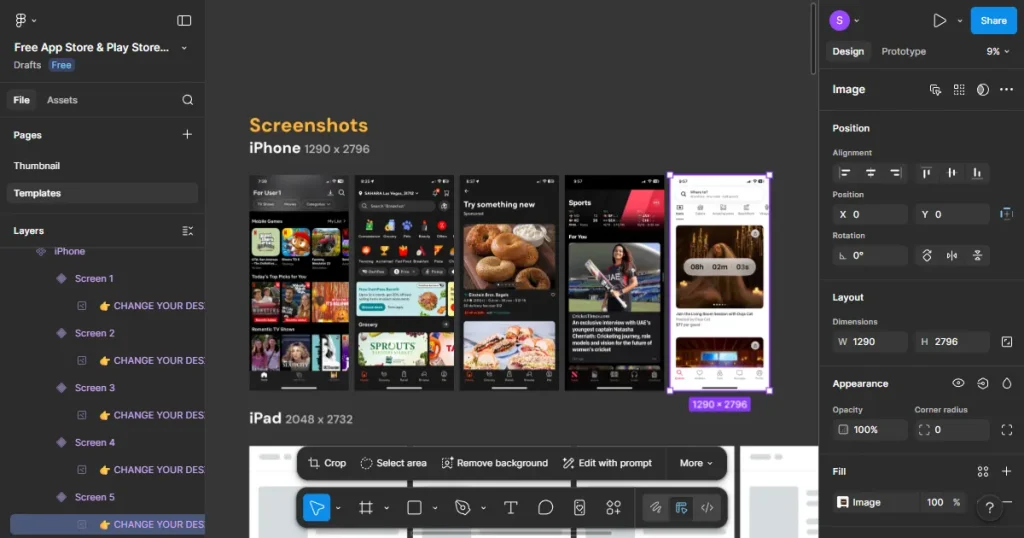 Paste all the images in the placeholder to create the app store screenshots