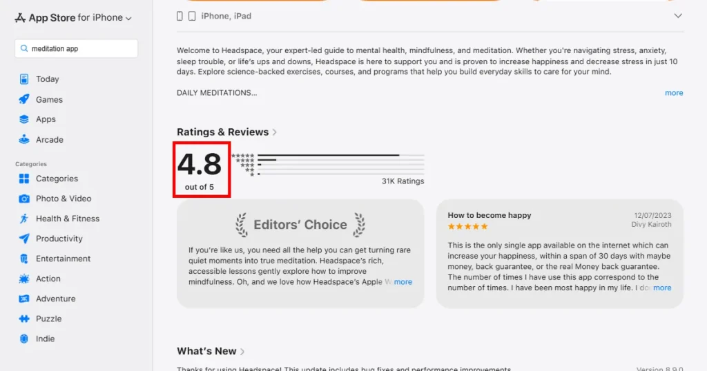 Headspace average rating on App Store