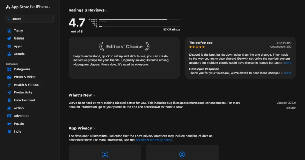 App Store ratings and reviews section