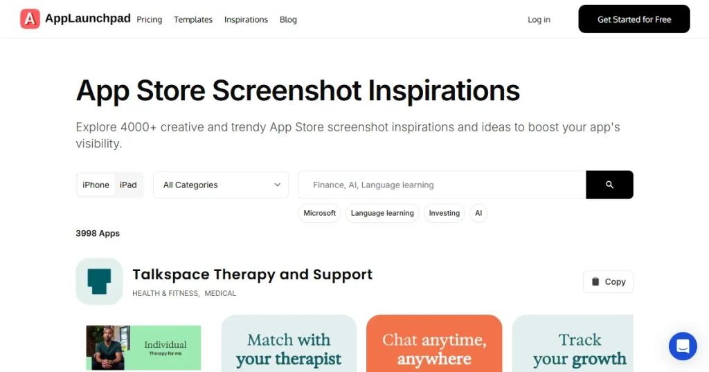 Screenshot inspiration gallery on AppLaunchpad