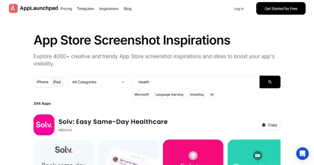 App screenshot inspiration gallery on AppLaunchpad