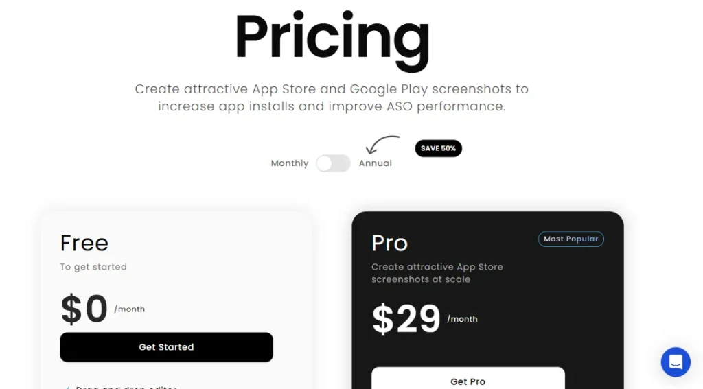 AppLaunchpad price page with the free and pro plans.