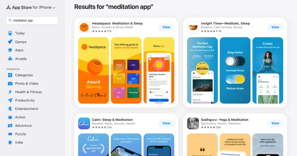 App store search results for meditation apps