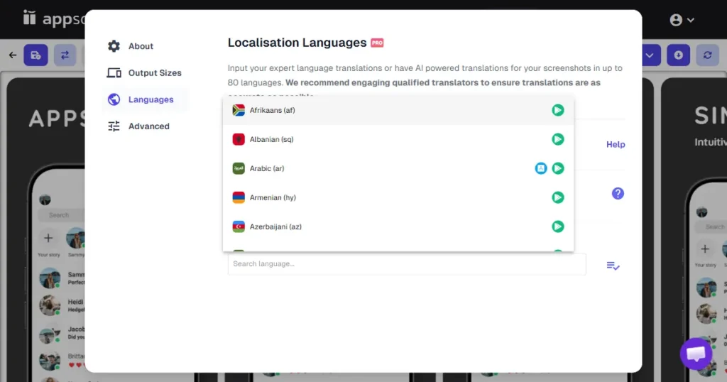 Localization settings panel on Appscreens