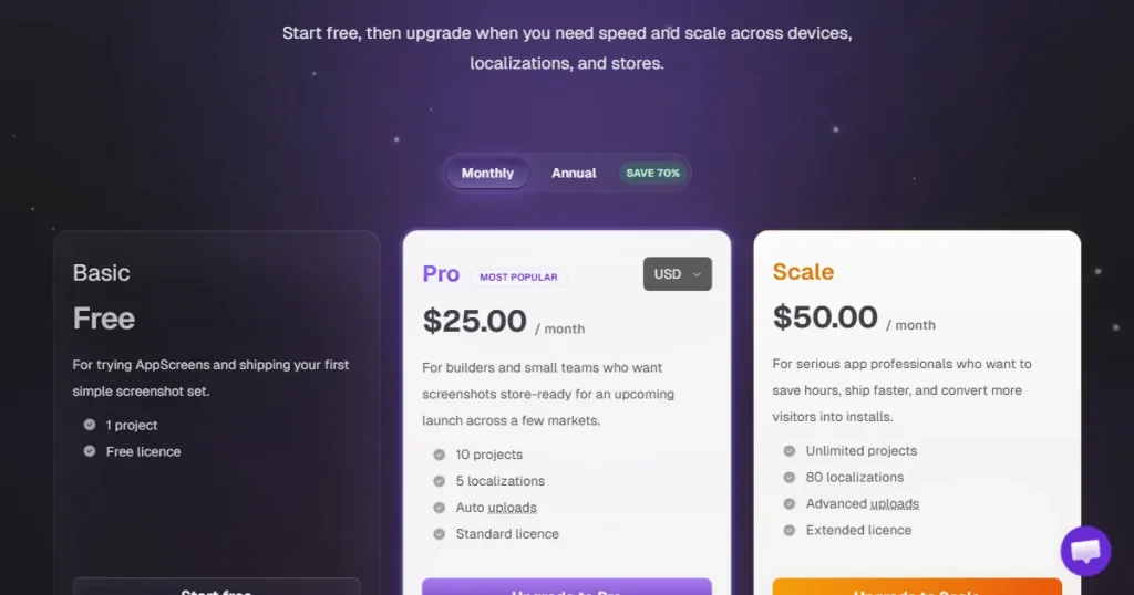 AppScreens pricing page with the free, pro, and scale plans.