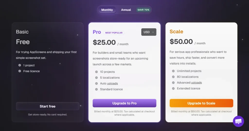 appscreens pricing plans