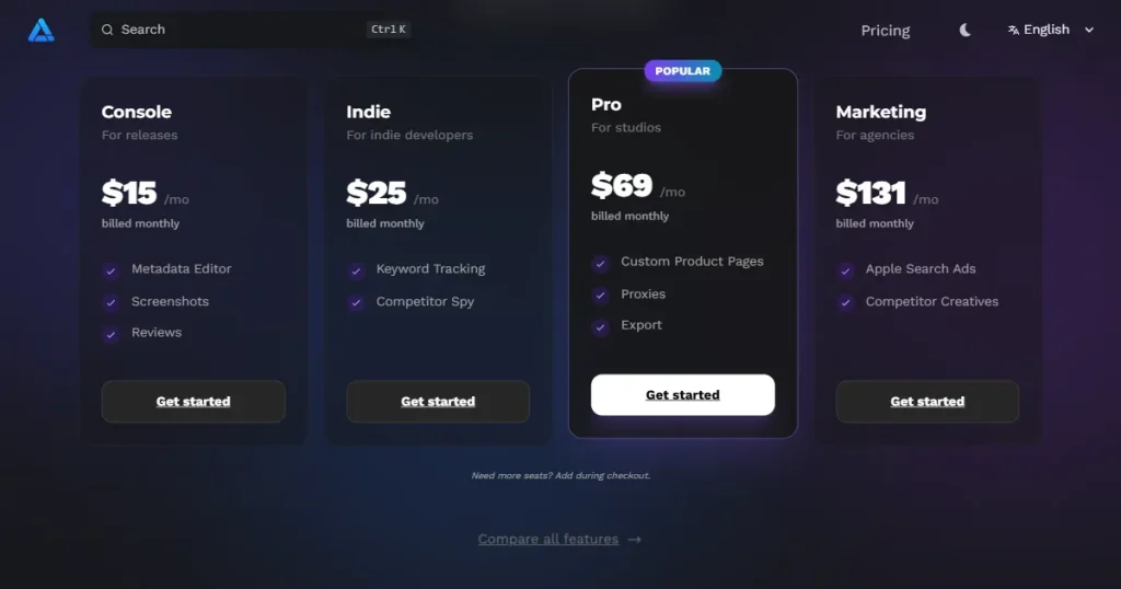 Aso.dev pricing page