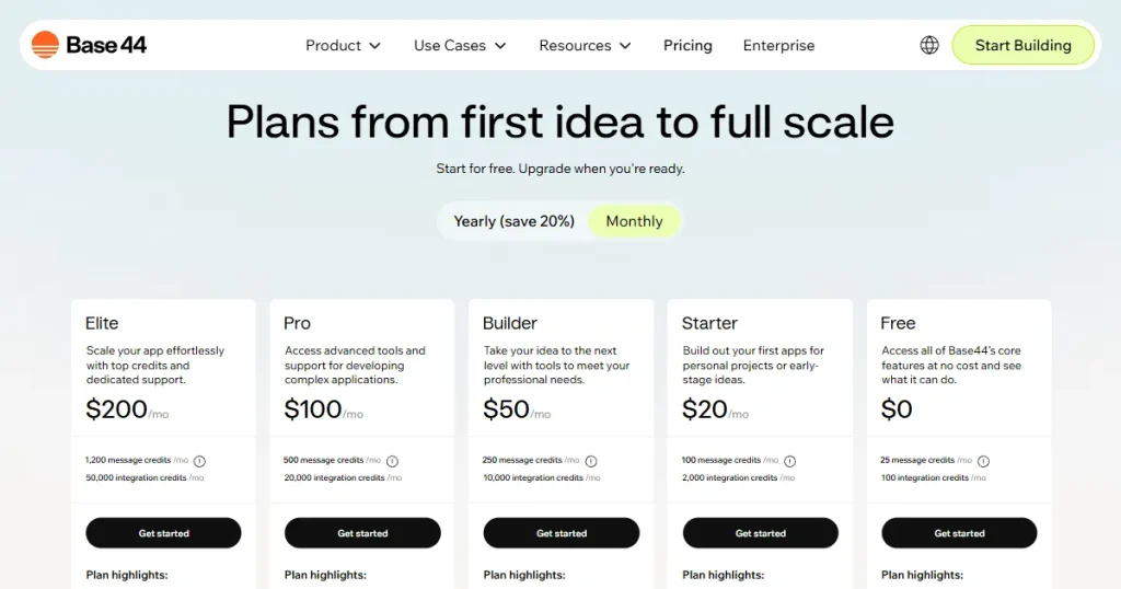 Base44 pricing page