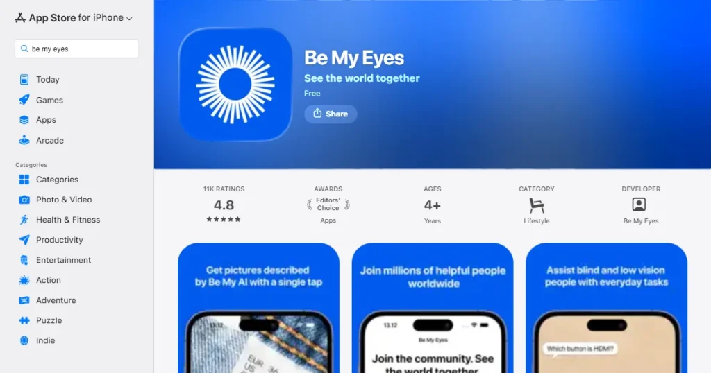 Be My Eyes App Store listing