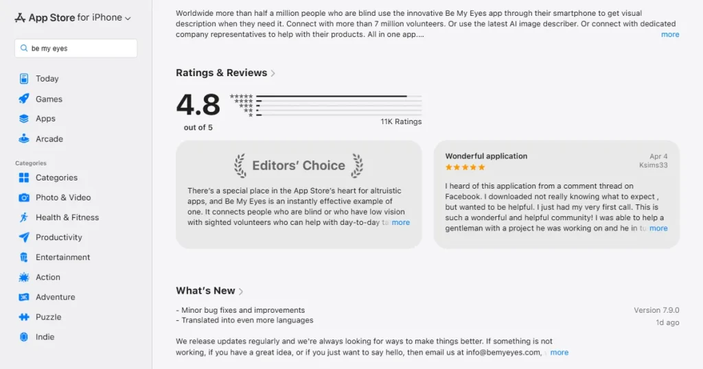 Be My Eyes app Editors choice comment