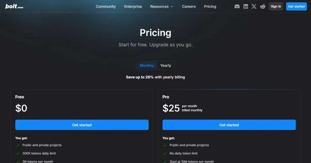 Bolt new pricing page