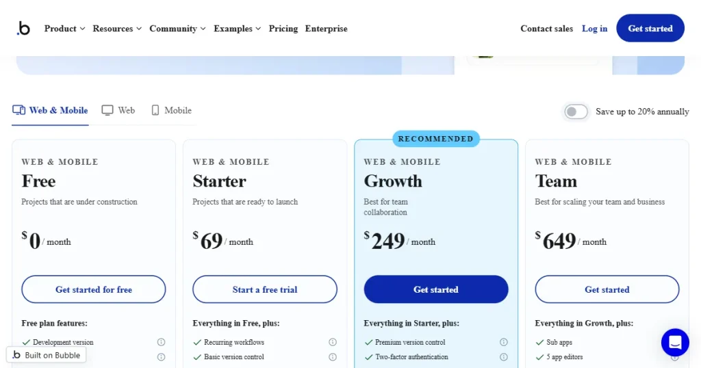 Bubble pricing page