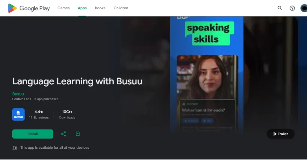 Busuu preview video on Google Play Store