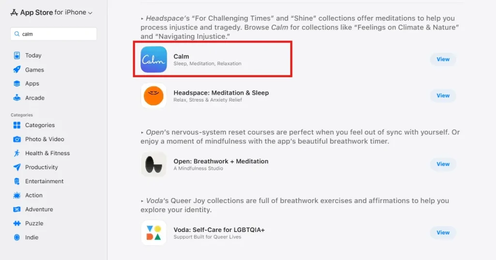 Calm app featured on the App Store