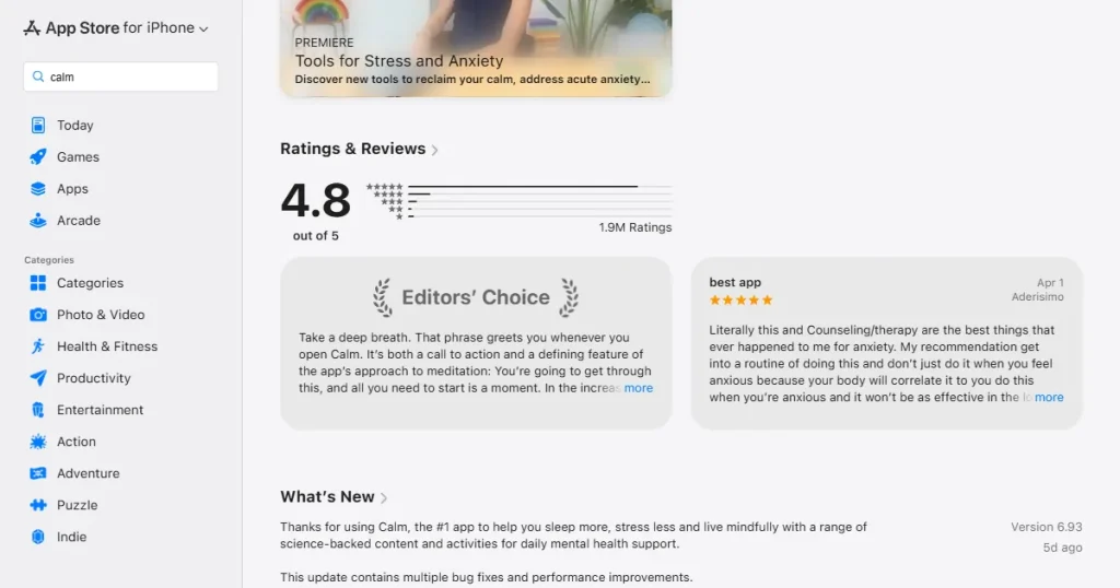 Calm app store rating