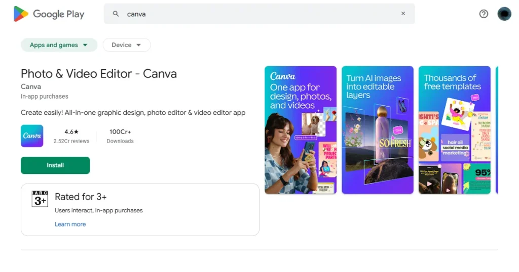 Canva preview video on Google Play Store