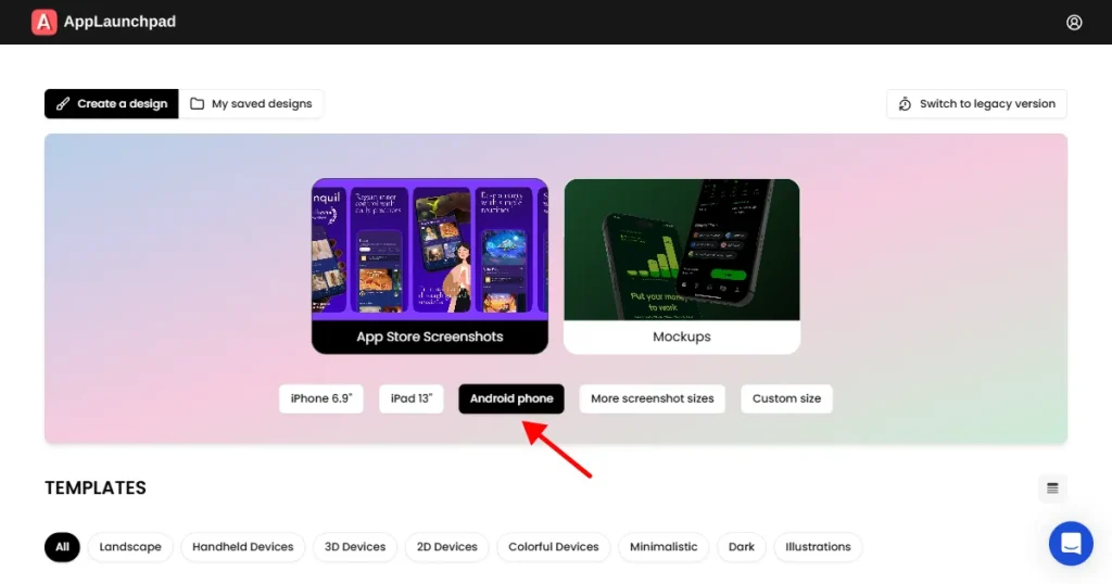 Click on android devices to find play store screenshot templates