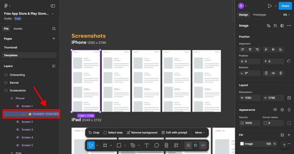 Click on change your design here to create app store screenshots