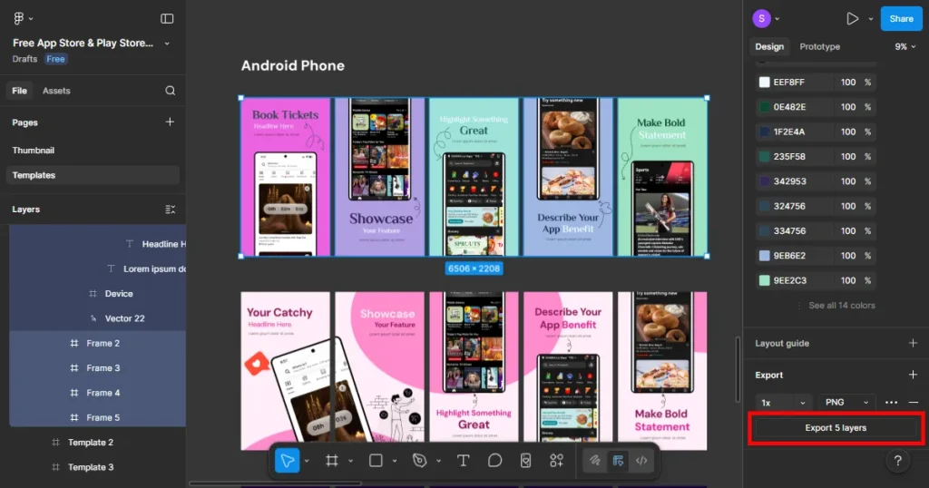 Click on export to download the play store screenshots in Figma