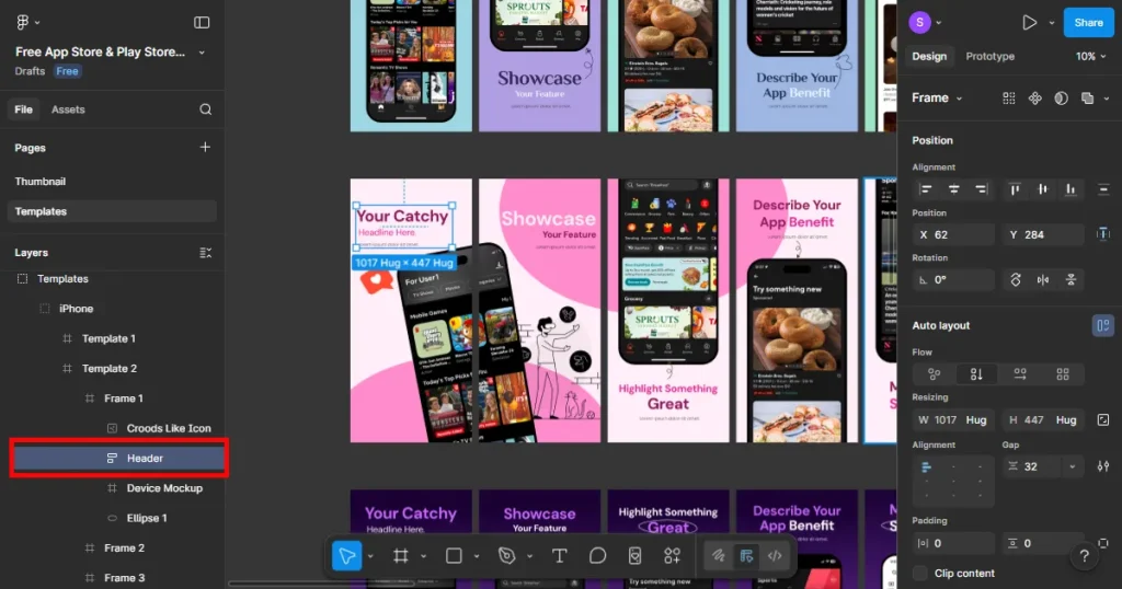 Click on header of Frame 2 to create app store screenshots