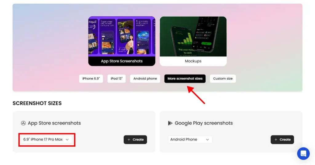 Click on find more app store screen sizes to find the right size for you