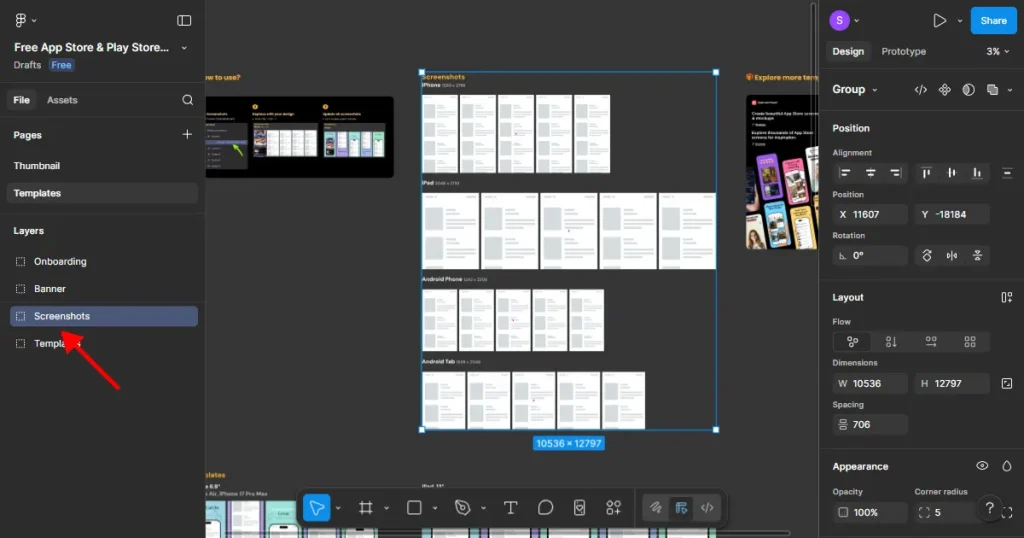 Click on screenshots layer in figma