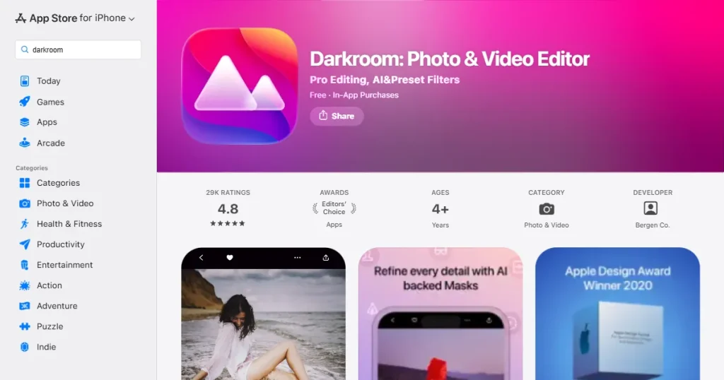 Darkroom photo and video editor App Store listing
