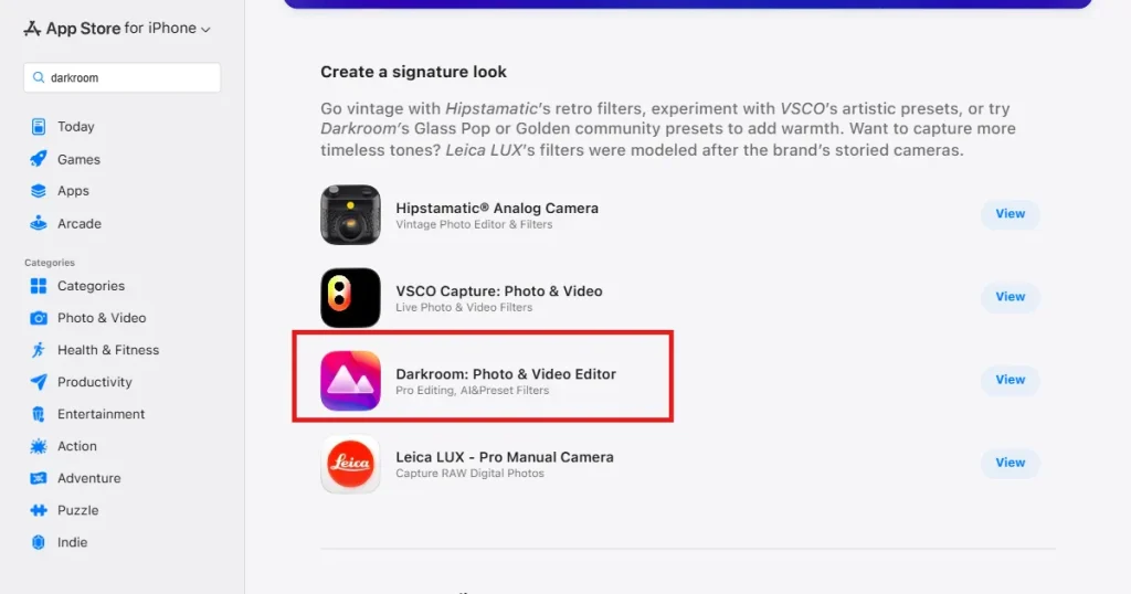 Darkroom app featured on the App Store