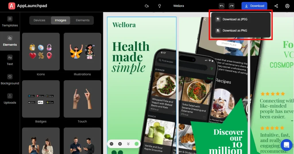 Download screenshots in jpg or png