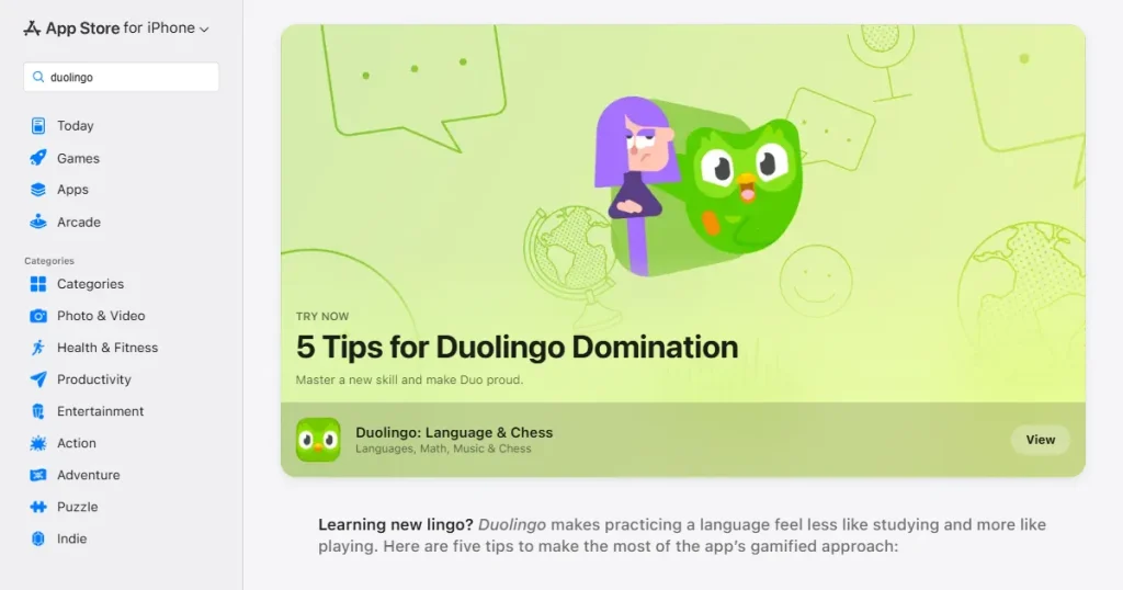 Duolingo app featured in the iPhone essentials