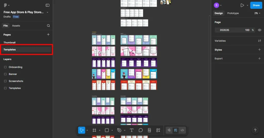 Editable screens inside templates page in figma