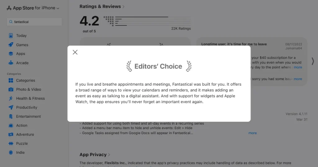 Fantastical calender app Editors choice comment