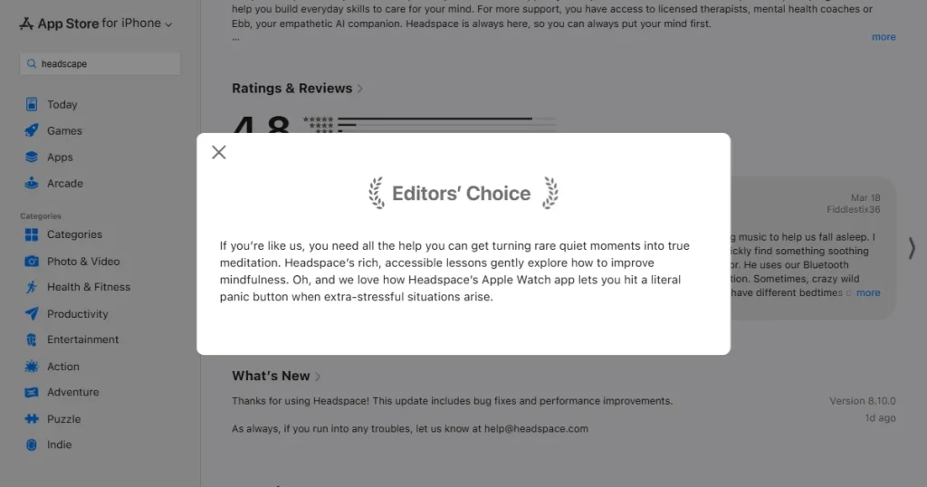 Editors choice comment on the Headspace app