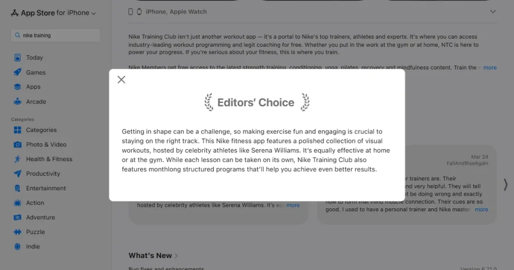 Editors choice comment on the Nike Traning Club app