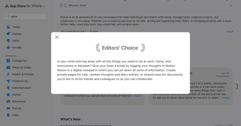 Editors choice comment on the Notion App