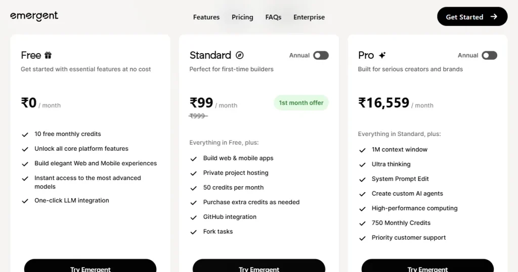 Emergent pricing page