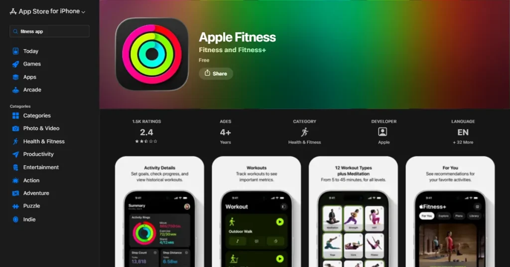 App Store listing for Apple Fitness app