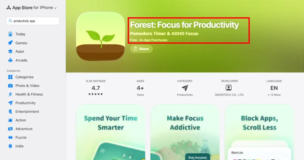 Forest app using primary keyword in the App title