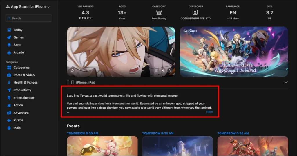 App Store app page showing game description section