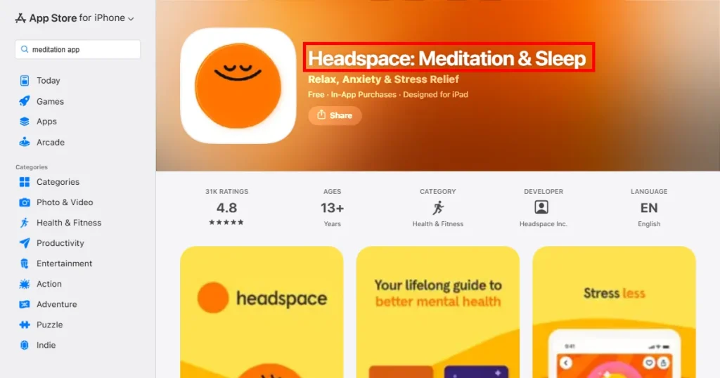 Headspace app title and subtitle