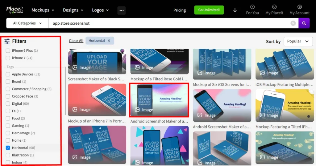 Horizontal screenshots on Placeit