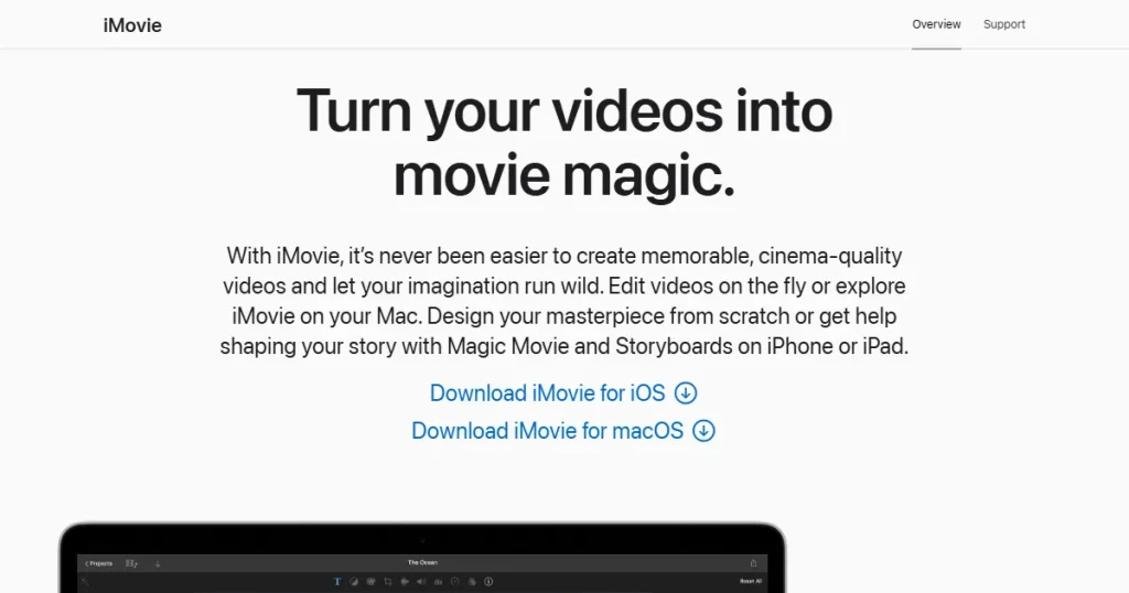 iMovie app homepage