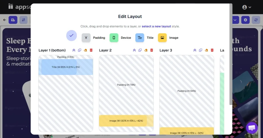 appscreens layout editing controls
