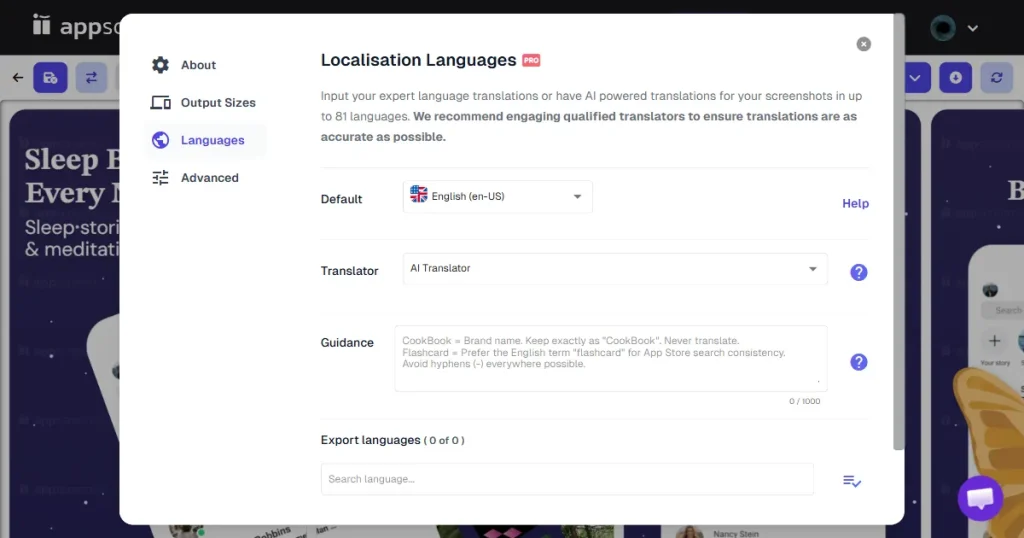 appscreens localization languages settings