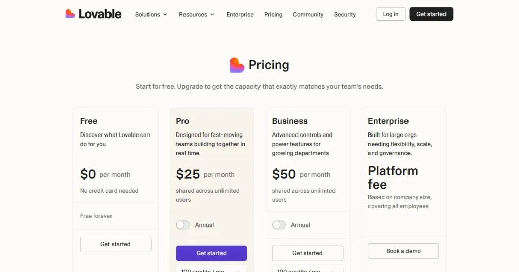 Lovable pricing page